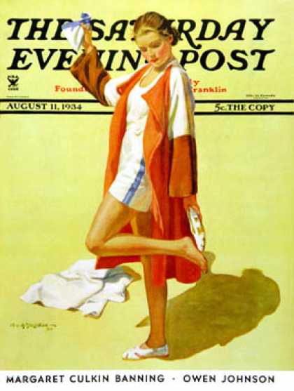 Saturday Evening Post - 1934-08-11: Woman in Beach Outfit (Charles A. MacLellan)