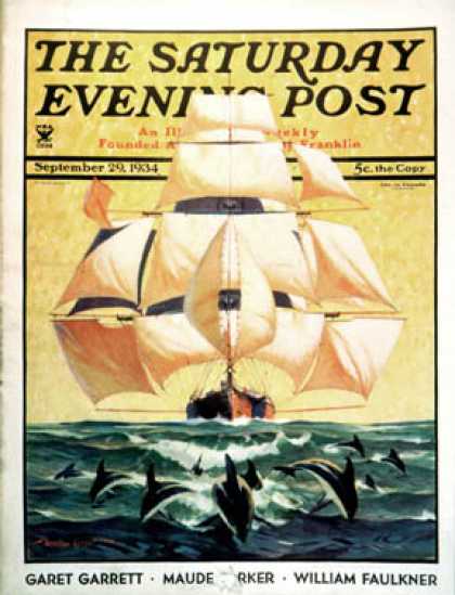 Saturday Evening Post - 1934-09-29: Dolphins and Ship (Gordon Grant)