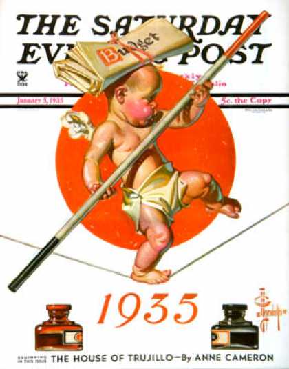 Saturday Evening Post - 1935-01-05: Baby New Year Balances the Budget (J.C. Leyendecker)