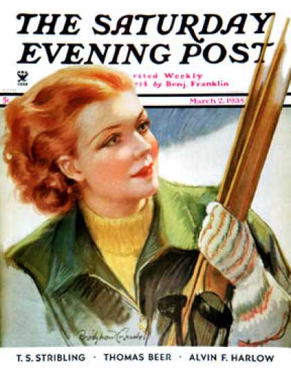 Saturday Evening Post - 1935-03-02: Woman with Snow Skis (Bradshaw Crandall)