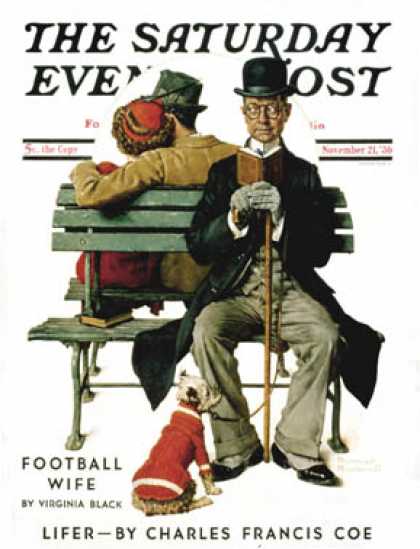 Saturday Evening Post - 1936-11-21: "Overheard Lovers" (man on park   bench) (Norman Rockwell)