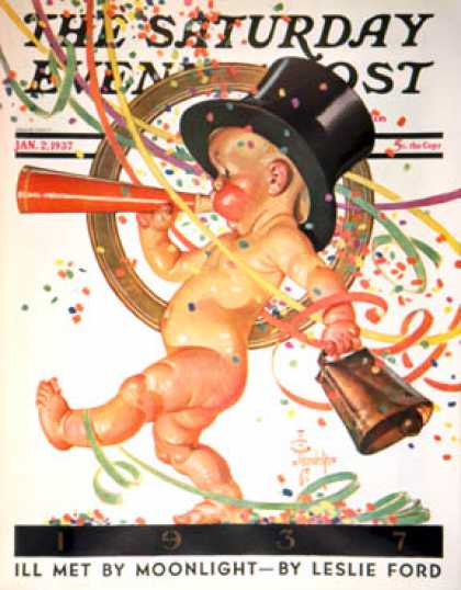 Saturday Evening Post - 1937-01-02: Baby New Year Celebrates (J.C. Leyendecker)