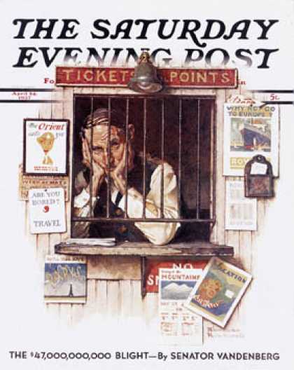 Saturday Evening Post - 1937-04-24: "Ticket Agent" (Norman Rockwell)