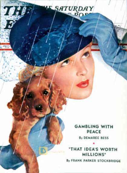 Saturday Evening Post - 1939-04-08: Woman in Rain with Cocker (Douglas Crockwell)