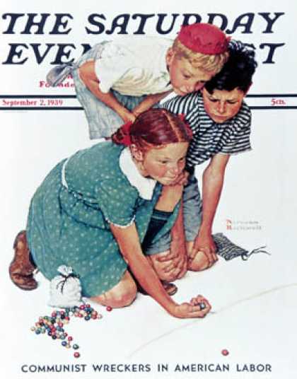 Saturday Evening Post - 1939-09-02: "Knuckles Down" or "Marble   Players" (Norman Rockwell)
