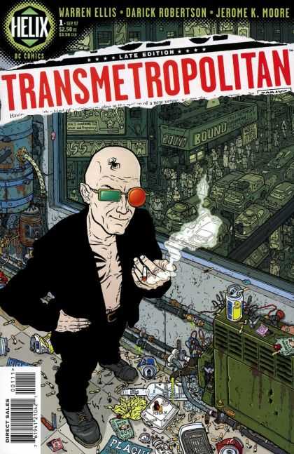 Transmetropolitan 1 - Black Spider Tatoo - Back Coat - Red And Green Glasses - Cityscape - Bald Man - Geof Darrow