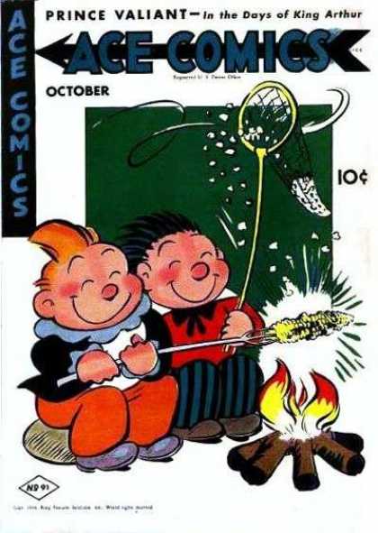 Ace Comics 91 - Two Boys - Sitting By Campfire - Roasting An Ear Of Corn - Catching Popcorn In A Net - Smiling