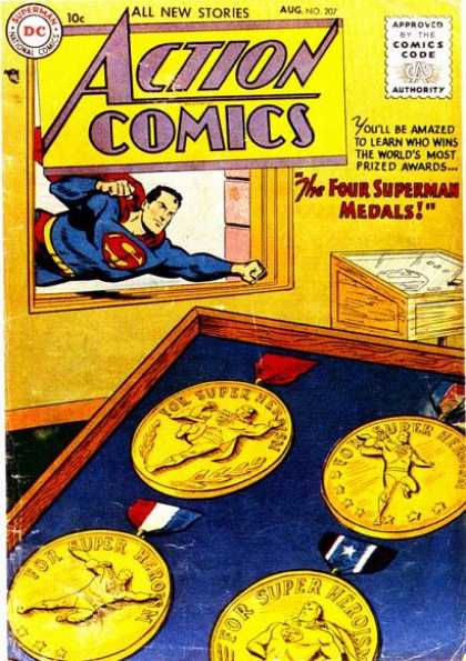 Action Comics 207 - Superman - Medals - Window - Flying - Gold