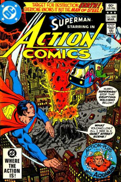 Action Comics 529 - Helicopter - Superman - Aquaman - Volcano - Buildings - Dick Giordano, George Perez