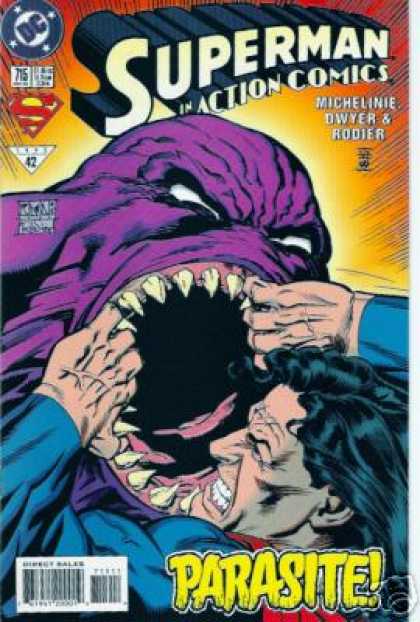Action Comics 715 - Superman - Parasite - Purple Monster With White Eyes And Sharp Teeth - Michelinie Dwyer U0026 Rodier - Superman Fights Off Biting Purple Villain - Denis Rodier