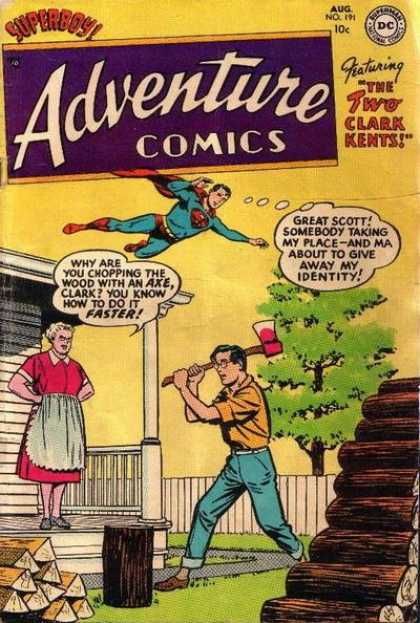 Adventure Comics 191 - Wood - Superboy - The Two Clark Kents - Axe Chopping - Ma On Porch