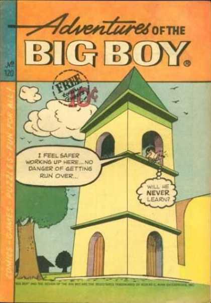 Adventures of the Big Boy 120 - Will He Never Learn - Yellow And Green Tower - Wooden Doors - Arched Window Openings - Birds In Sky