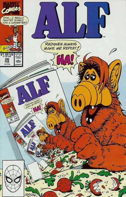 Alf 26 - Marvel Comics - Radishes Always Make Me Repeat - Spiderman - Radishes - Hmm I Really Painted Myself Into A Corner Box