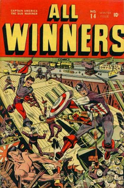 All Winners Comics 14 - Captain America - Namor The Submariner - Imperial Dry Dock - Shooting Submachine Gun - Holding Shield