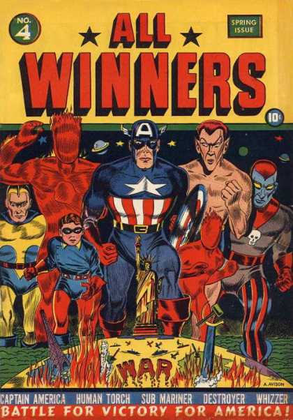 All Winners Comics 4 - Heroes - Captain America - Human Torch - Statue Of Liberty - War