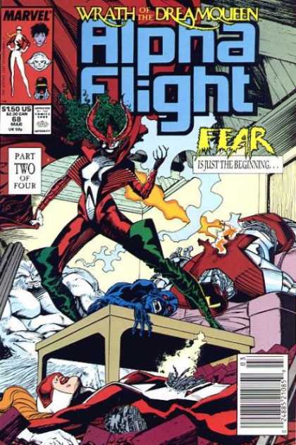 Alpha Flight 68 - 2 Robots Destroyed - Woman Standing On Table - White Figure In Background - Blue Figure Laying On Table - March Issue - Carl Potts, Jim Lee