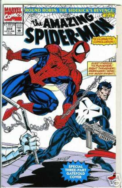 Amazing Spider-Man 358 - Punisher - Gun - Web - Ending Of Story - Metal Arm Holding Numchuks - Mark Bagley