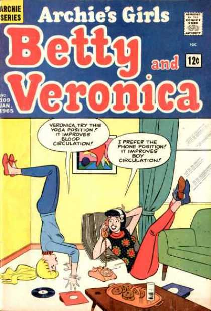 Archie's Girls Betty and Veronica 109 - Try This Yaga Position - I Prefer The Phone Position - Green Sofa - Tray With Cookies - Yellow Walls