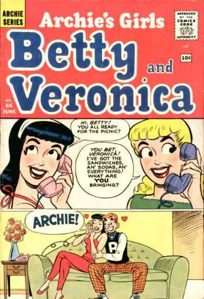 Archie's Girls Betty and Veronica 66 - You All Ready For The Picnic - You Bet Veronica - Archie Series - Green Couch - Phone