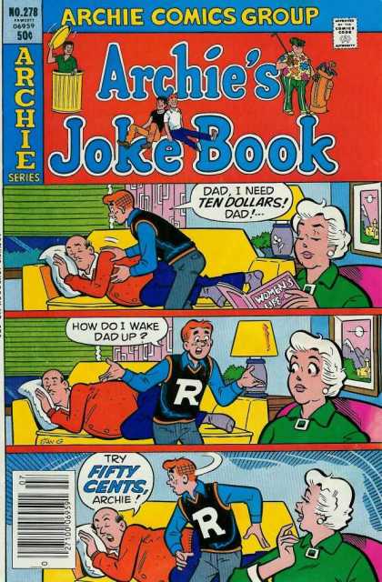 Archie's Joke Book 278 - Man Sleeping On Couch - Boy Trying To Wake Up Man - Woman Reading - Yellow Couch - Green Shades