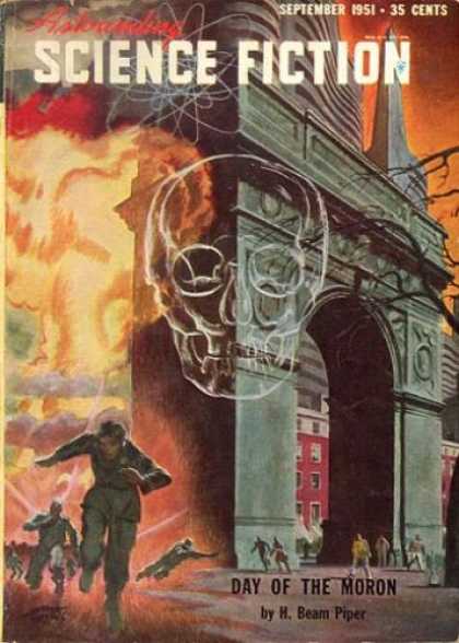 Astounding Stories 250 - September 1951 - Day Of The Moron - Skull - Building - Fire