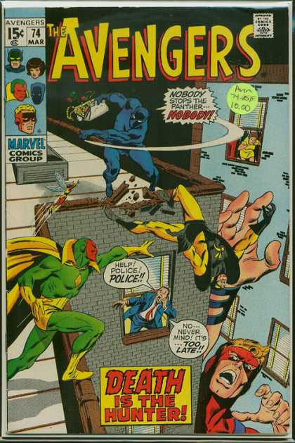 Avengers 74 - Death Is The Hunter - The Panther - Man In Yellow And Black Outfit Falling Off The Roof - Man In Blue Suit Calling The Police - White Purse Full Of Money - John Buscema