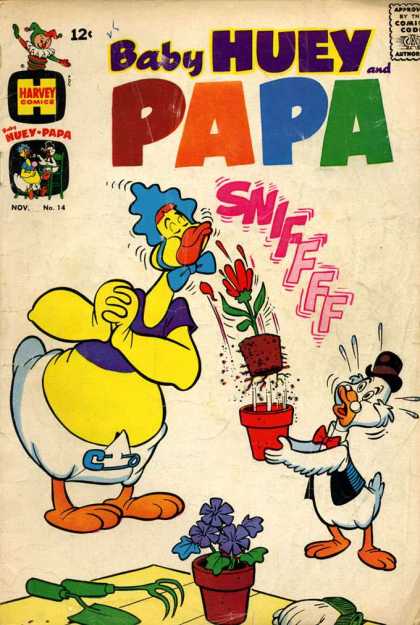 Baby Huey and Papa 14 - Big Yellow Bird Sniffing A Flower - Small Old Looking Bird Holding A Flower - Harvey Comic Book - 12 An Issue - Sniffing A Flower