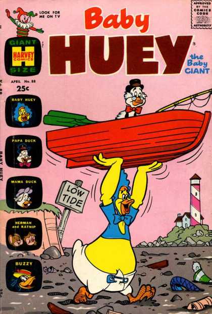 Baby Huey the Baby Giant 88 - Look For Me On Tv - Low Tide - Lighthouse With Pink Diagonal Stripes - Red Boat - Garbage