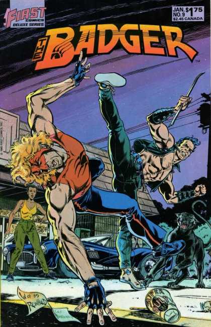 Badger 9 - First Comics Deluxe Series - Black Panther - Woman In Yellow Tank Top - Hero Is Orange Mask And Suit - Thug In Black Vest - Bill Reinhold