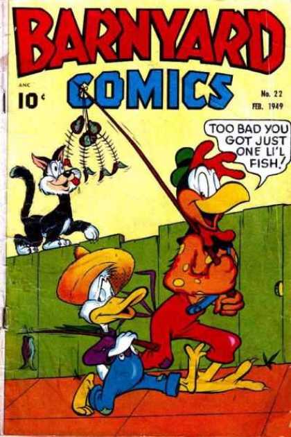 Barnyard Comics 22 - Cat - Fishing Poles - Rooster - Duck - Fence