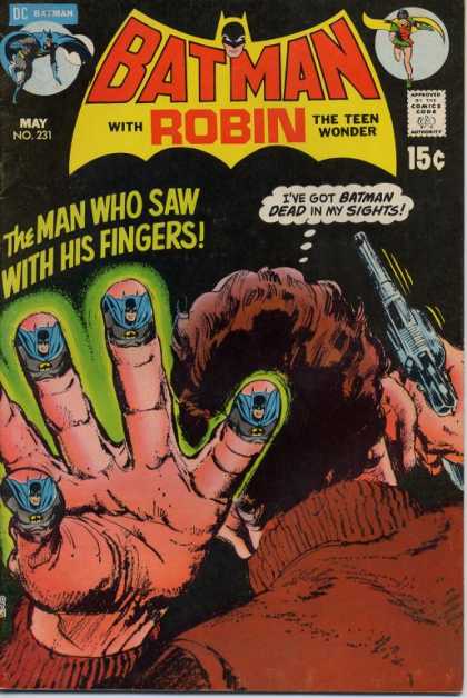Batman 231 - Hand - Revolver - Batman On Finger Tips - The Man Who Saw With His Fingers - Brown Sweater - Neal Adams