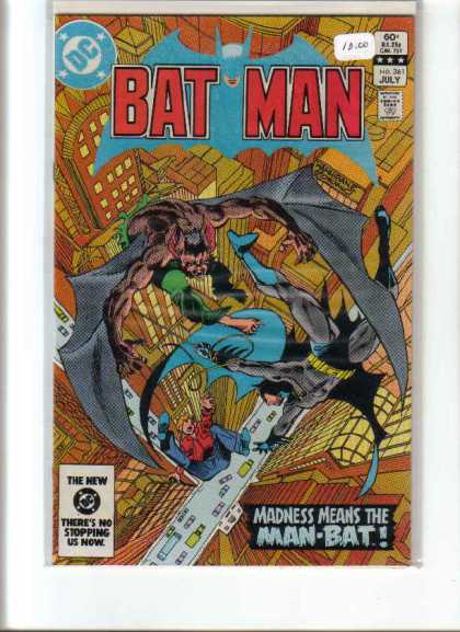 Batman 361 - Madness Means The Man-bat - Vampire Chasing Batman - July Issue - Batman Falling To Ground In City - Batman Trying To Save Another Man - Dick Giordano