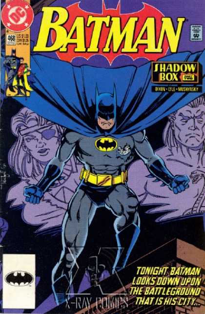 Batman 468 - Batman - Tonight Batman Looks Down - On The Battleground That Is His City - Shadow Box - Two Figures In Background