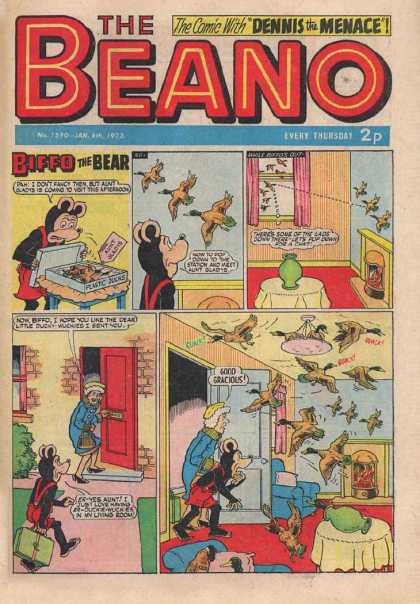 Beano 1590 - With Dennis The Menace - Biffo The Bear - Birds - Red Door - Suit Case