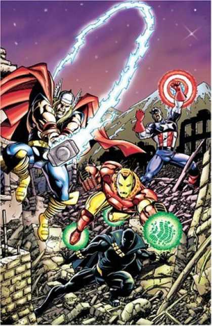 Bestselling Comics (2006) - Avengers Assemble, Vol. 2 by Kurt Busiek - Captain America - Ironman - City - Destruction - Mountain