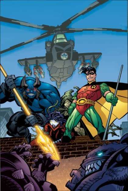 Bestselling Comics (2006) - Robin: Days of Fire and Madness (Robin) by Bill Willingham - Helicoptor - Red Green Costume - Blue Monster With Horns - Guns - Golden Oar