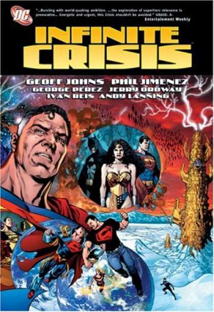 Bestselling Comics (2007) - Infinite Crisis (DC Comics) by Geoff Johns - Snow - Wonder Woman - Batman - Superman - Red Skies