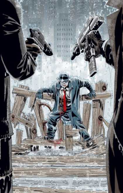 Bestselling Comics (2007) - The Spirit by Darwyn Cooke - Automatic Gun - Man Facing Two Indifiduals - City In Back Ground - Colapsing Bridge - Raining