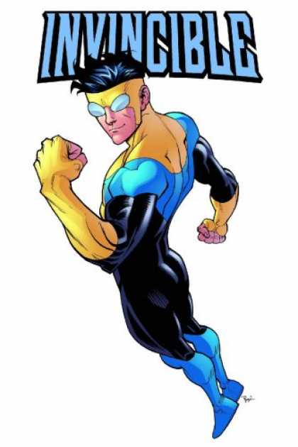 Bestselling Comics (2007) - Invincible Volume 9: Out Of This World (Invincible) by Robert Kirkman - Super Guy - Black Blue And Yellow Suit - White Bug Eyes - Poised For Action - Look At The Muscles