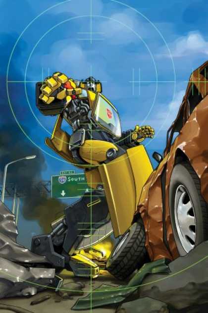 Bestselling Comics (2007) - The Transformers: Escalation TPB by Simon Furman - Scope - Yellow Robot - Street Sign - Tyres - Sky