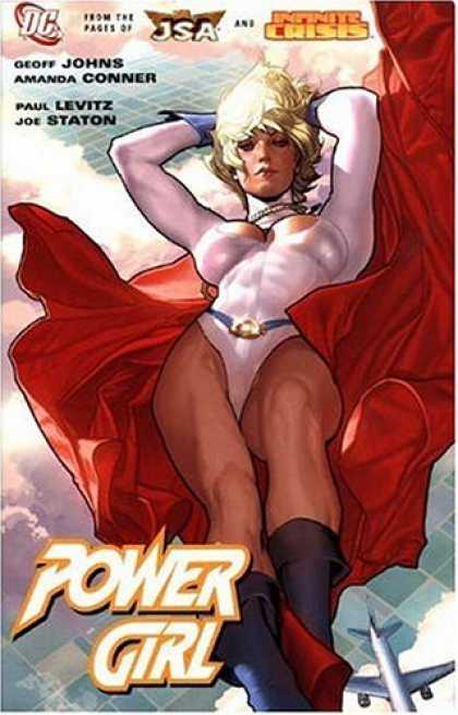 Bestselling Comics (2007) - Power Girl by Geoff Johns - Power Girl - Airplane - Red Cape - White Suit - Blonde Hair