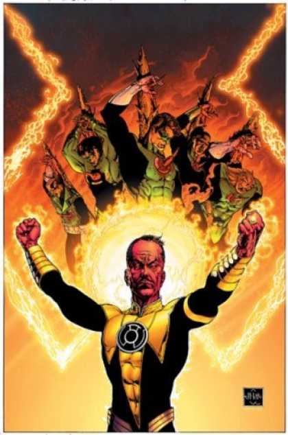 Bestselling Comics (2008) - Green Lantern: The Sinestro Corps War, Vol. 1 by Geoff Johns - Yellow And Black Bodysuit - Five Figures Wearing Green - Fireball - Lightning Bolts - Moustache