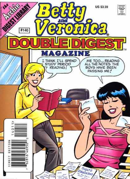 Betty and Veronica Double Digest 140 - Issue 140 - Study Period Reading - Reading All The Notes The Boys Have Been Passing Me - Shultz Dagostino - Archie Digest Library