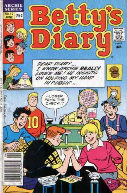 Betty's Diary 17 - Archie Series - 75 Cents - No 17 June - Hand Wresting - Loser Pays Check