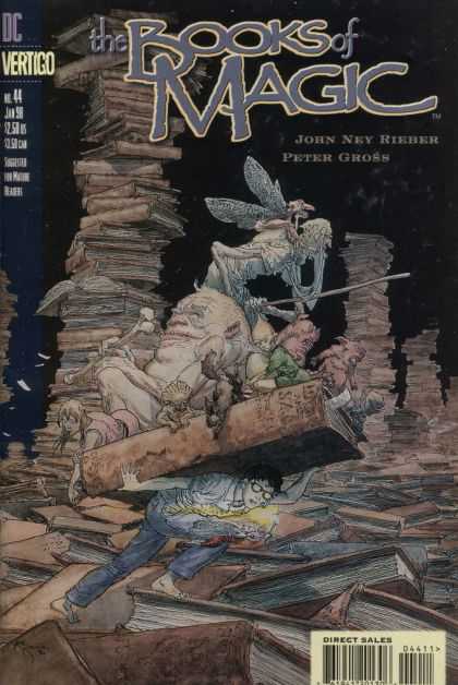 Books of Magic 44 - Wings - Odd Creatures - Boy Carrying Huge Book - Book Stacks - Vertigo - Michael Kaluta