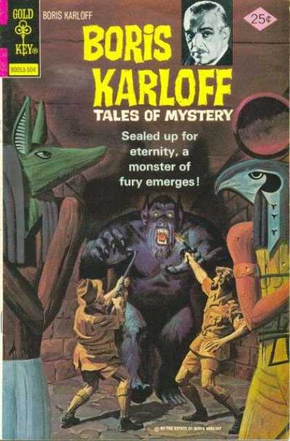 Boris Karloff Tales of Mystery 60 - Monster Of Fury Emerges - Gold Key - Statues - Men Shooting At Monster - Hallway
