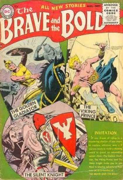 Brave and the Bold 1 - Comics Code - The Golden Gladiator - The Viking Prince - Invitation - Shield - George Perez, Joe Kubert