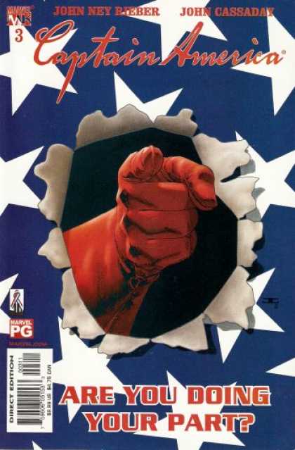 Captain America (2002) 3 - Red Glove - Pointing Finger - Stars On Blue Background - American Flag - Are You Doing Your Part - John Cassaday