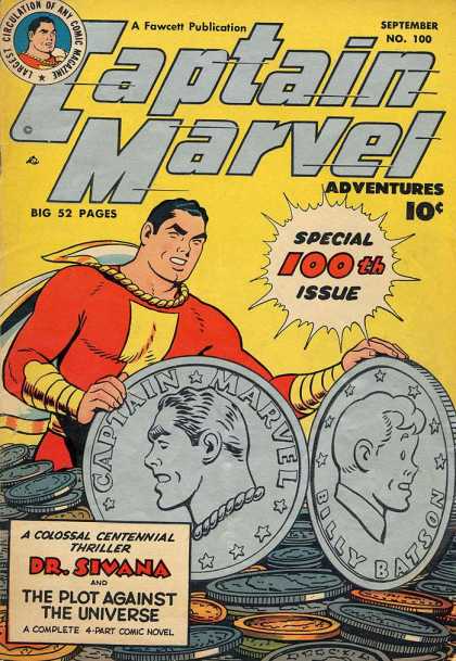 Captain Marvel Adventures 100 - Huge Coins - Fawcett Publication - Special 100th Issue - Dr Sivana - The Plot Against The Universe - Clarence Beck