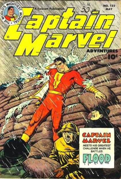 Captain Marvel Adventures 132 - Flood - Rain - Battles - Sandbags - Challenge - Clarence Beck